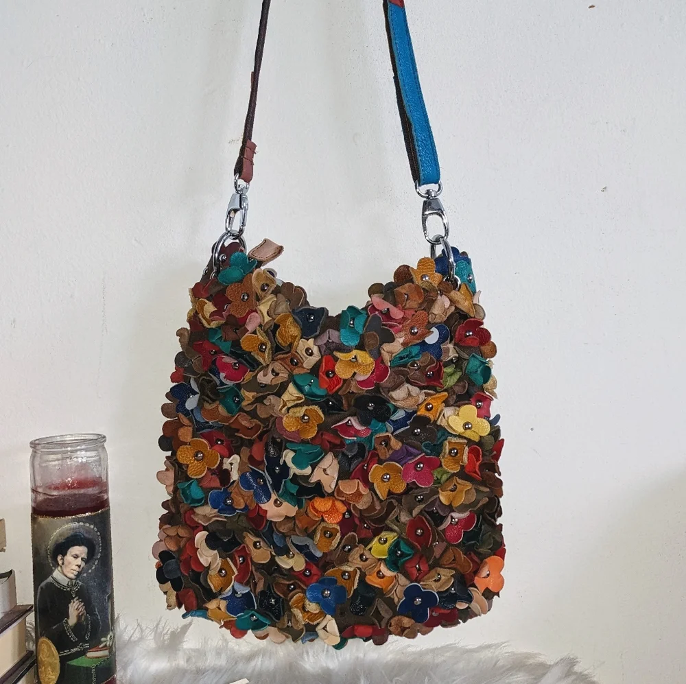 H2Z Recycled Leather Floral Studded Hobo Bag
